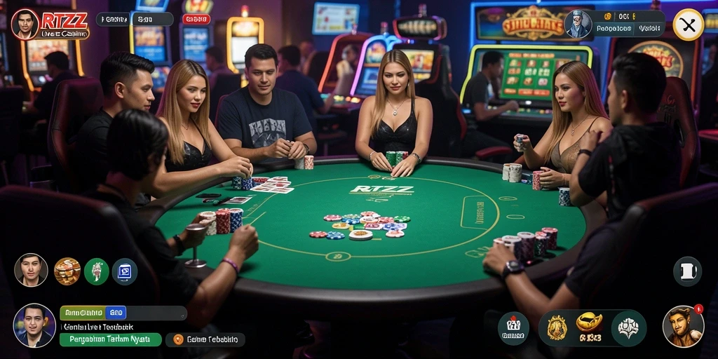 Screenshot gameplay RTZZ menampilkan dealer langsung dan pilihan permainan Live Casino.