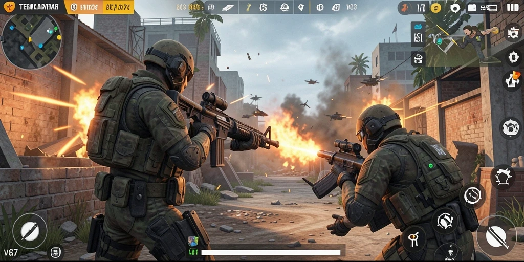 Screenshot gameplay V87 menunjukkan aksi tembak-menembak yang mendebarkan.